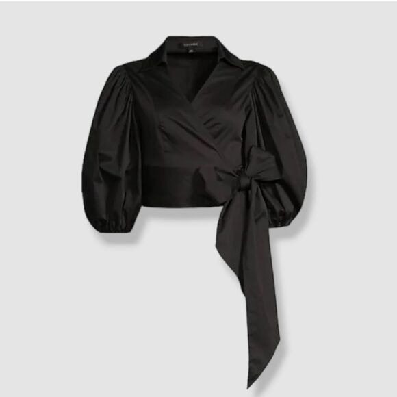 Toccin NY Women's Black V Neck Self-Tie Collar Wrap Blouse Top Size S NWT - Picture 2 of 6